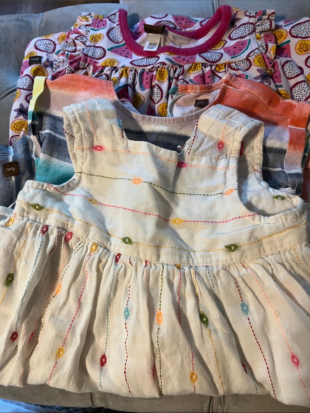 Pink Chicken Embroidered Dress  plus 2 Tea dresses 18-24 months